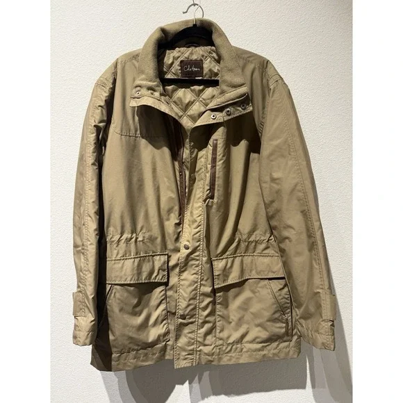 Cole Haan Mens Vtg Leather Trim Rain Thermore Coat‎ Size XL Khaki Weatherproof