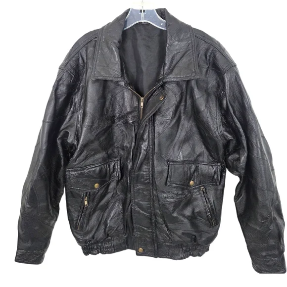 Vintage Patchwork Leather Bomber Jacker Mens Large Black 90s Heavyweight