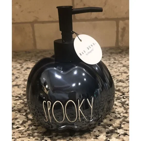 New Rae Dunn Halloween SPOOKY Black Luster Pumpkin Soap‎ Lotion Dispenser