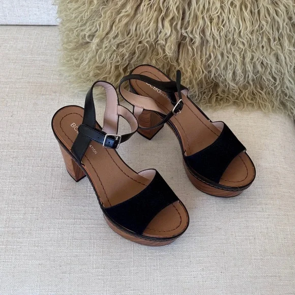 BCBGeneration Zina Women's Black Platform Leather Suede Sandal Size 7B‎
