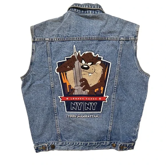 Vintage 90s‎ Looney Tunes Taz Denim Vest Warner Bros NY Manhattan SM Retro WB