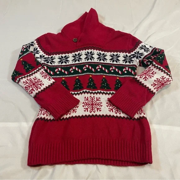 The Children's‎ Place Red Fair Isle Collar Holiday Tree Knit Sweater