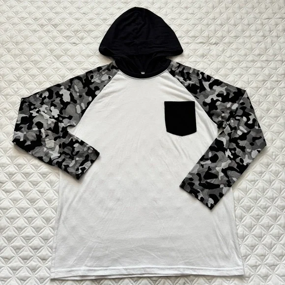 The Children's Place Colorblock Hooded Camo Long Sleeve Top White Black Sz XL