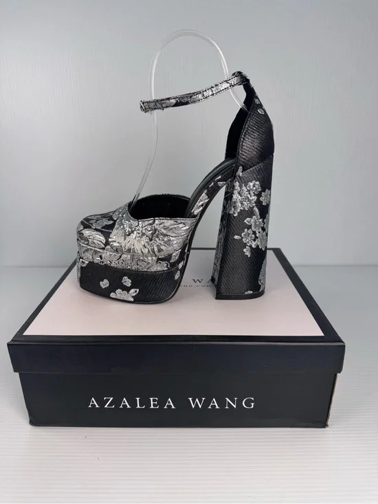 Azalea Wang Zipporah Black Platform Heels | Silver Floral Brocade | Sz 6-9 NIB