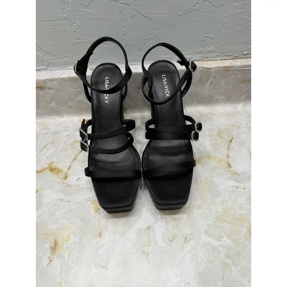 LISA VICKY Black Satin Platform Block‎ Heels Rhinestone Buckle Ankle Strap Women