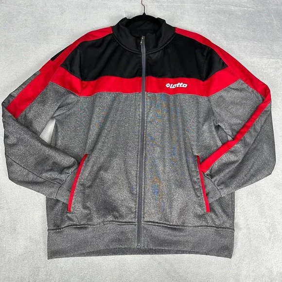 Lotto Track Jacket Mens XL Black Red Gray Full Zip Colorblock Athletic