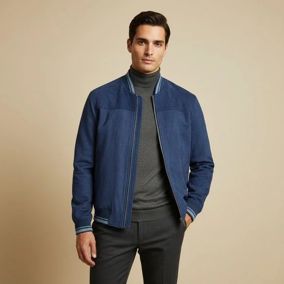 Robert Graham Mens Blue Faux Suede Bomber Jacket Full Zip Size S