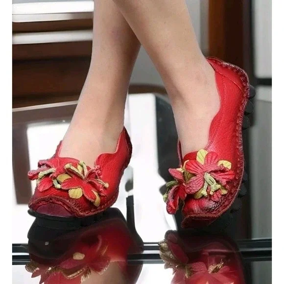 Socofy Platform Slip On Leather Loafer Red Womens 9 Handmade Shoes 255 Artsy