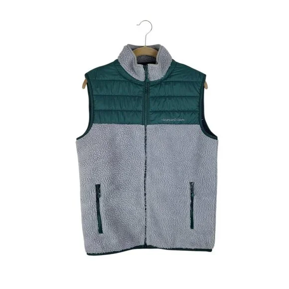 Vineyard Vines Sherpa Vest Full Zip Green Gray Deep Pile Fleece Mens Small