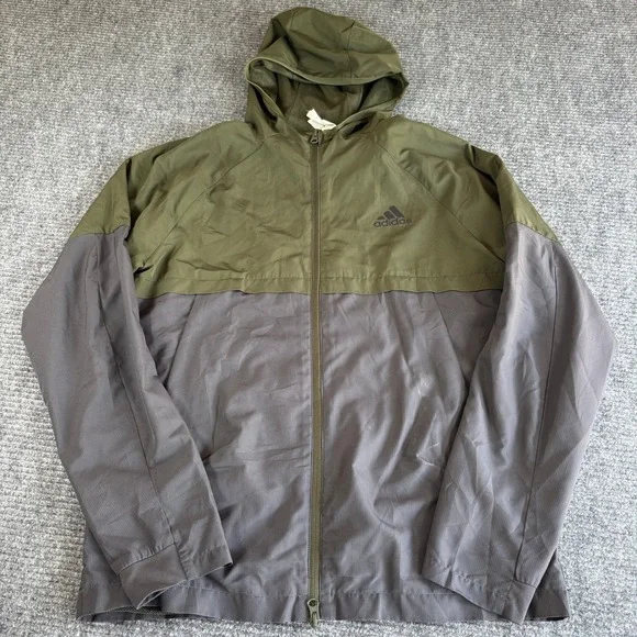 Adidas Mens Windbreaker Jacket Olive Green Grey Hooded Full Zip Medium 3442