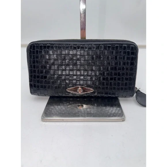 Elliott Lucca Black Woven Leather Zip Around Wallet with Exterior Pocket