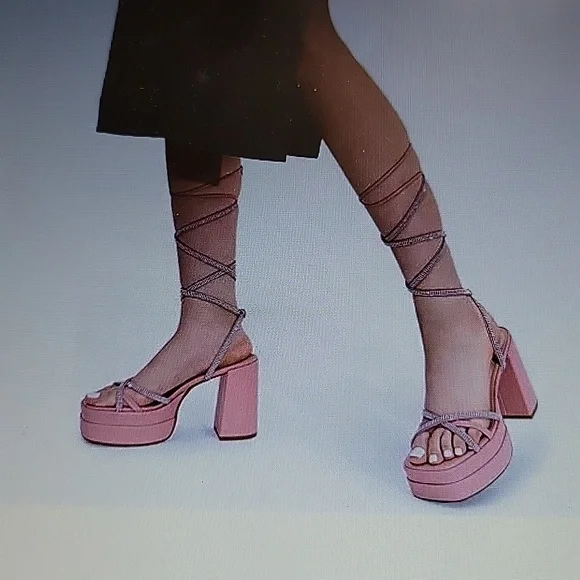 Dream Pairs pink platform heel lace up rhinestone tie strap chunky heel 7.5 NEW…