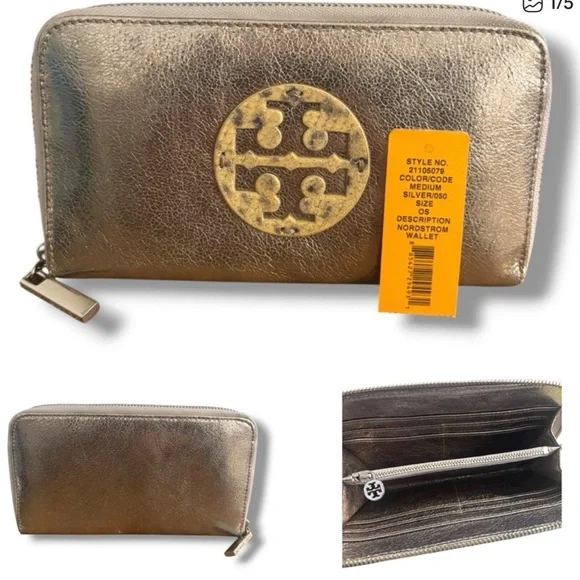 Tory Burch Metallic Silver-Gold Zip Wallet with Logo Medallion