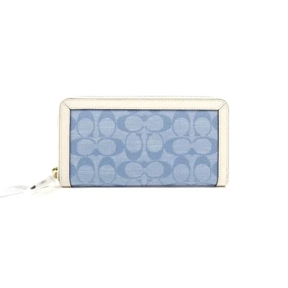 Coach Signature Light Washed Denim Chalk Accordion Zip Wallet NWT C5684