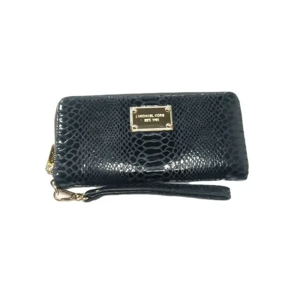 Michael Kors Jet Set Zip Around continental Wallet Python Embossed Black
