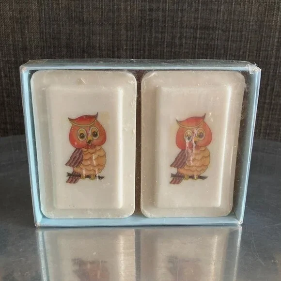 Vintage 70's Pair of boxed Owl Design,  French Milled Soap Bars, Katherine Gray