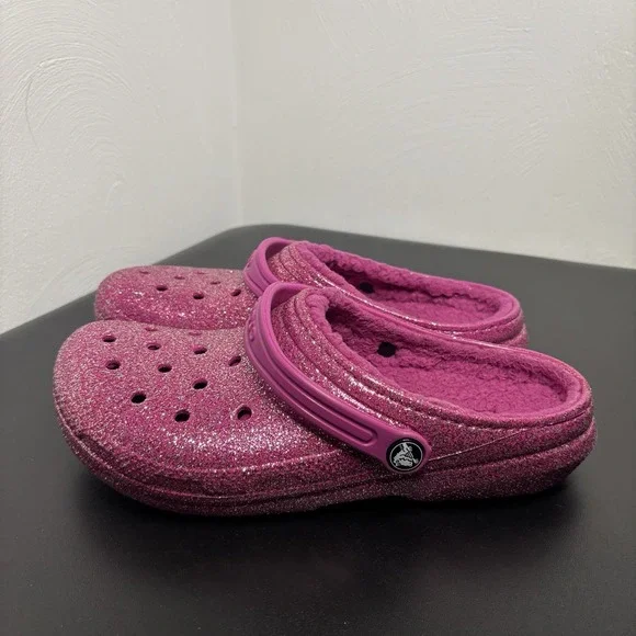 Crocs Classic Glitter Lined Clogs Girls Sz‎ 6 Fushia Pink