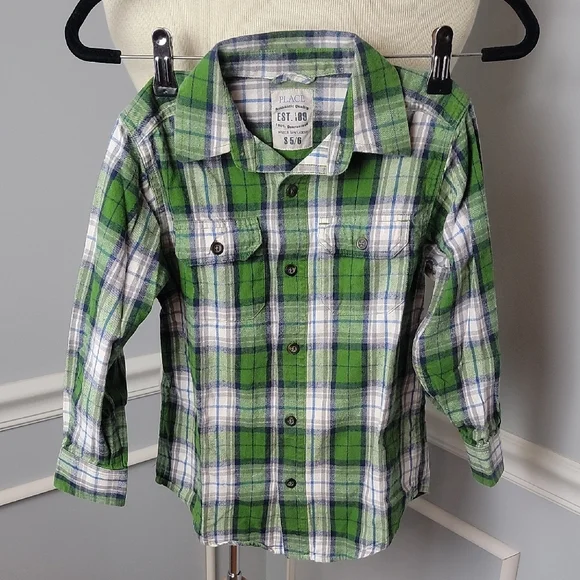 THE CHILDREN'S PLACE **3‎ for $20 item** Green Plaid Flannel Button Down Shirt S