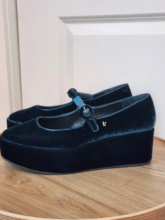 Larroude Velvet Platform Mary Janes - Dark Blue Green NWT