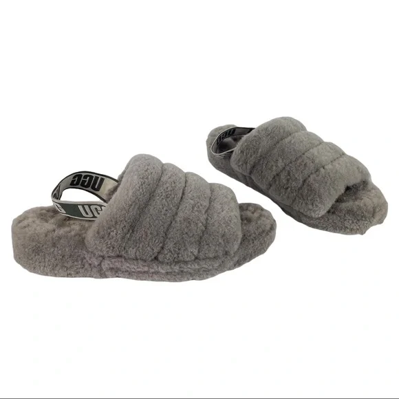 UGG Fluff Yeah Platform Slide Slipper Grey Sheepskin Sz 9