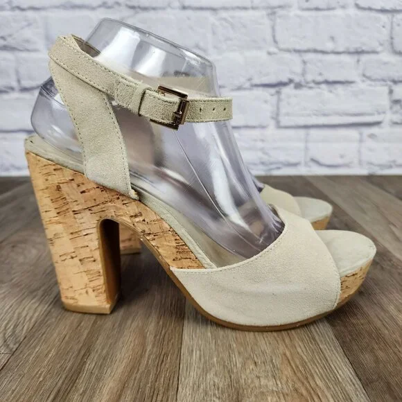 Groove Women's 9.5 Beige Suede Leather‎ Cork Ankle Strap Block High Heel Shoes