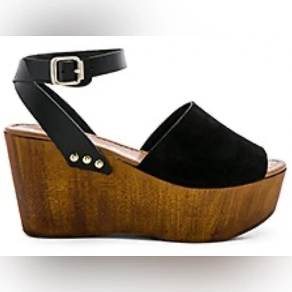 Seychelles women’s sandal “Forward Wedge” black suede strappy‎ ankle wrap strap