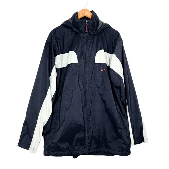 Nike Men's XL Hooded Windbreaker Jacket‎ Navy Blue White 90s Y2K Nylon Full Zip