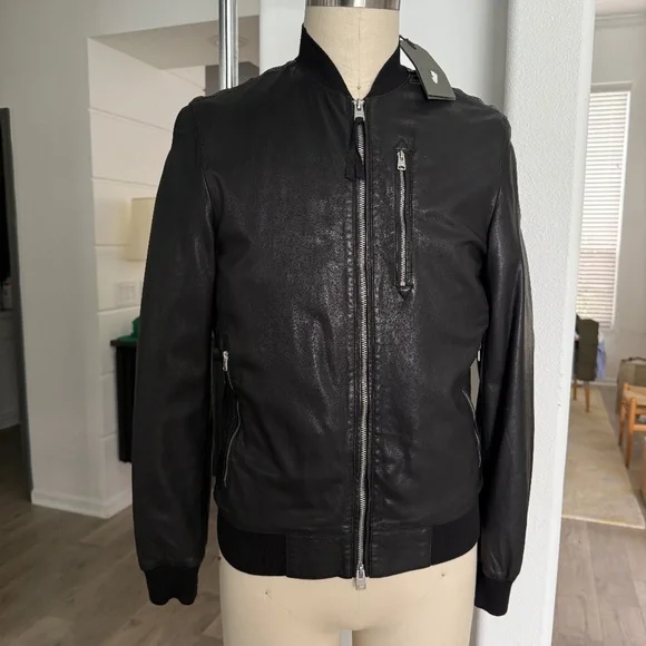 ALL SAINTS‎ X- SMALL Mens Black Leather NINO Bomber Jacket