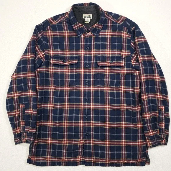 L.L. Bean Fleece Lined Flannel Shirt Jacket Mens Large Blue Red Plaid Shacket