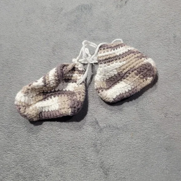 Handmade Crochet Baby Booties Unisex Infant Brown Tan White Striped Boho Soft