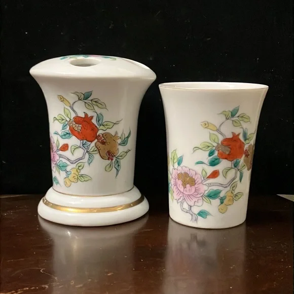 Vintage Porcelain Andrea by Sadek Asian Style Floral Toothbrush Holder & Cup