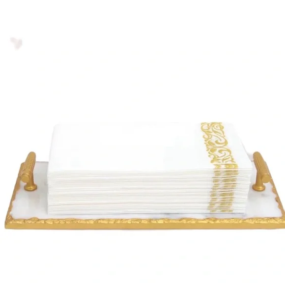 Guest Towel Holder Tray for Bathroom - White Marble Tray with Gold Rim NEW