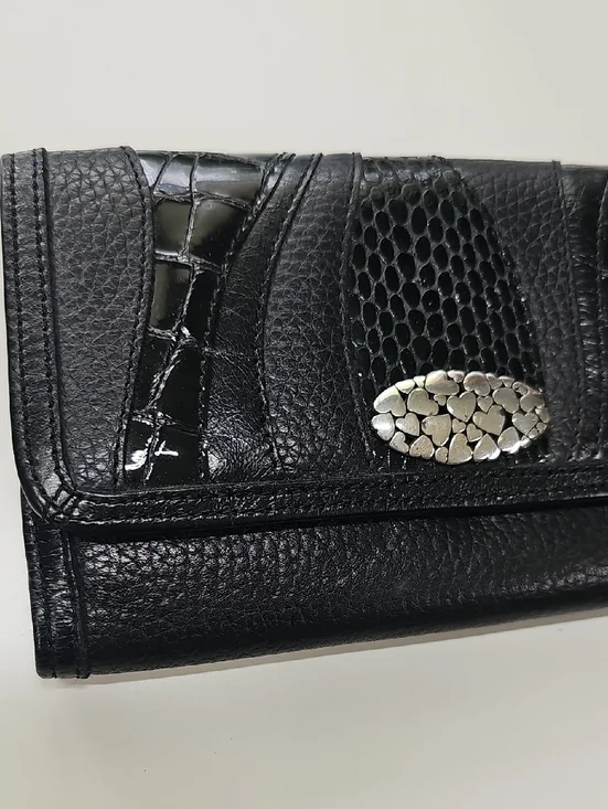 Brighton Leather Trifold Checkbook Wallet, Textured Black Silver Hearts