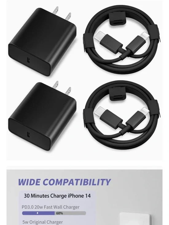 ~Bundle of 2 Black 20W Iphone Rapid Wall Chargers and 6 Ft.Lightning Cables~