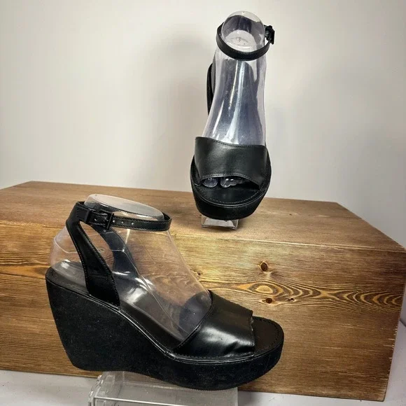 Y2K Platform Wedge Sandals Womens 7.5 Black Scene Emo Mall Goth McBling Clubwear