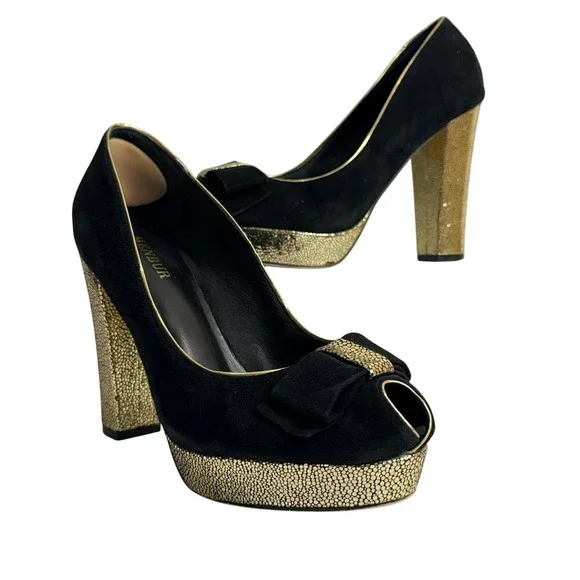 Menbur Womens Heels 40 Suede Peep Toe Platform Bow Gold Block Heel Black