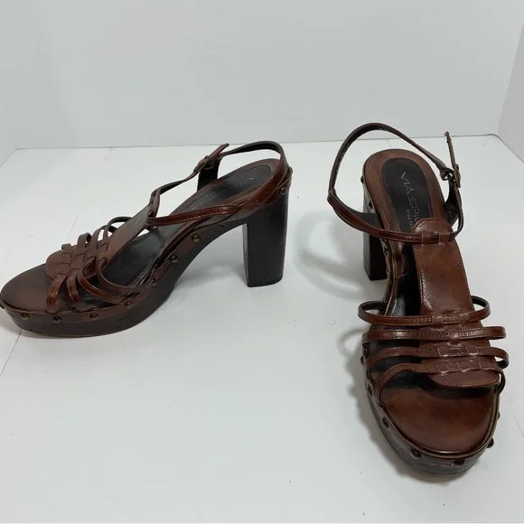 Vintage Via Spiga Platform Chunky Sandals Size 7.5 Brown Leather Studs Boho Y2k