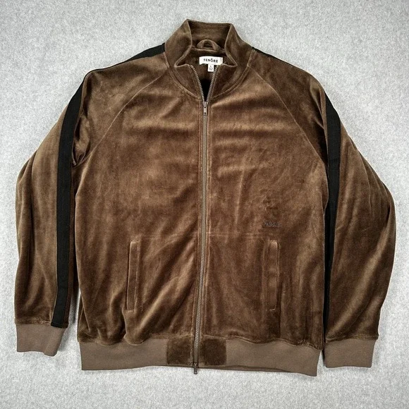 Tenore Jacket Mens Large Brown Velour Full Zip Track Suit Top Black Stripe Retro