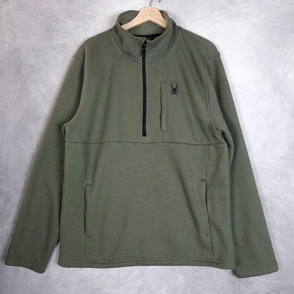 Spyder Fleece Pullover Mens Large Green 1/4 Quarter Zip Waffle Knit Thermal Hike