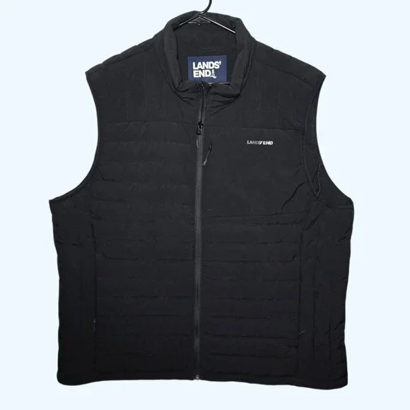 Lands End Mens Black Down Feathers Puffer Vest Full Zip Quilted XXL 50-52
