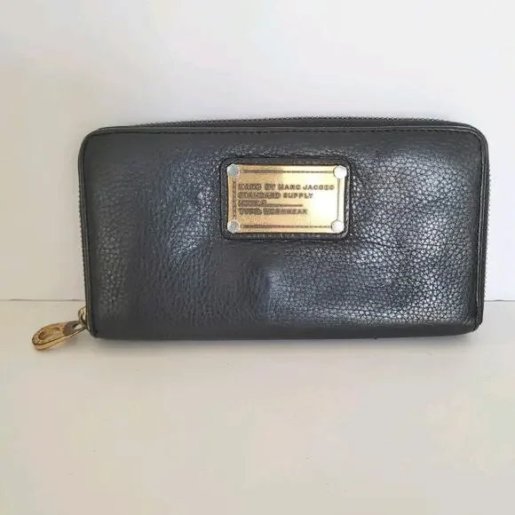 Marc By Marc Jacobs Black Zip Around Wallet Large Classic Logo Workwear Leather