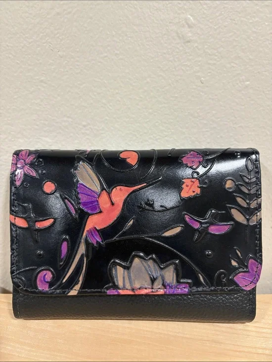 Black Floral Hummingbird Leather Wallet
