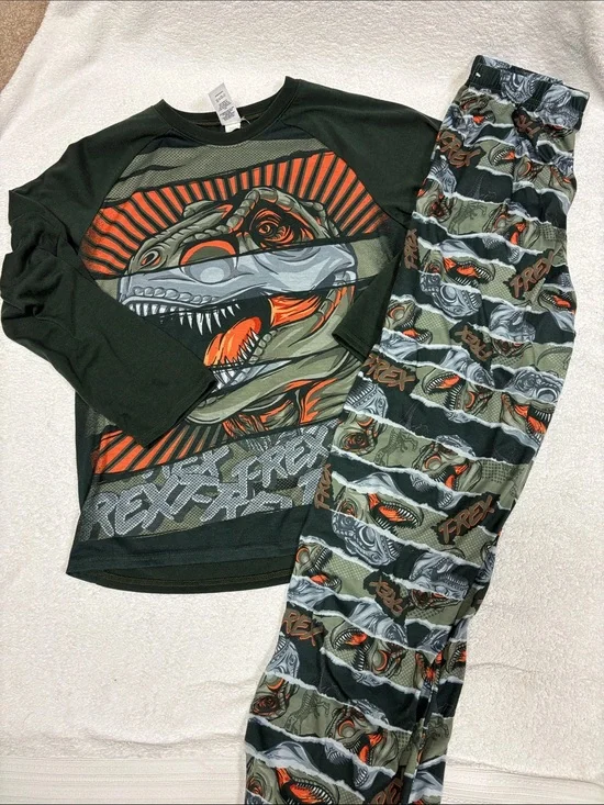 The Children's Place T-Rex dinosaur Pajama Set - Dark Green & Orange xl 14