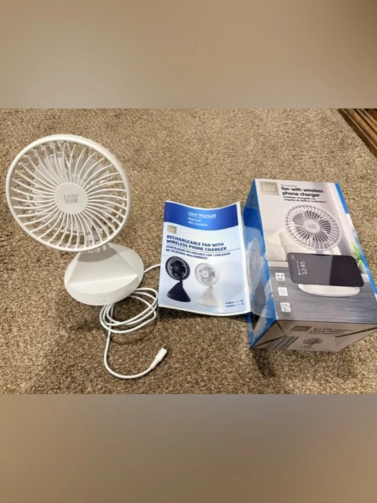 Easy Home White Rechargeable Desk Fan with Wireless Phone Charger