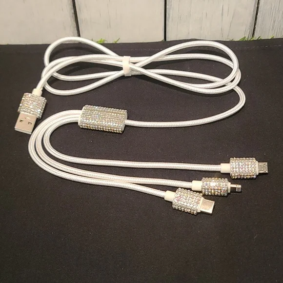 Charger system rhinestone Iphone,USB A, USB C & USB android white cord