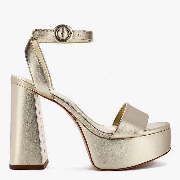 🔥Larroude Metallic Gold Platform Block Heel Sandal with Ankle Strap🔥Sz 10 BNIB