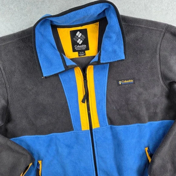 Columbia Fleece Jacket Mens XL Blue Grey Yellow Colorblock Full Zip Vintage