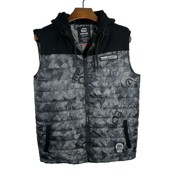 ECKO UNLTD Grey Black Camo Sleeveless‎ Hoodie Bomber Puffer Vest Jacket Coat Y2K
