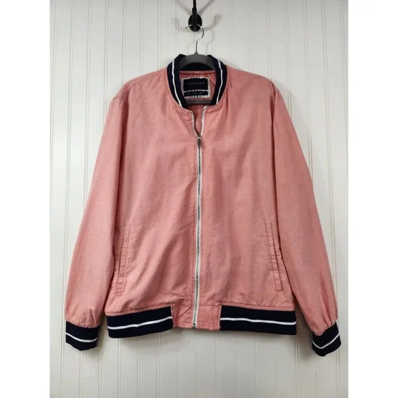Denim & Flower Mens Pink Salmon Cotton Oxford Bomber Jacket Large Y2K Preppy