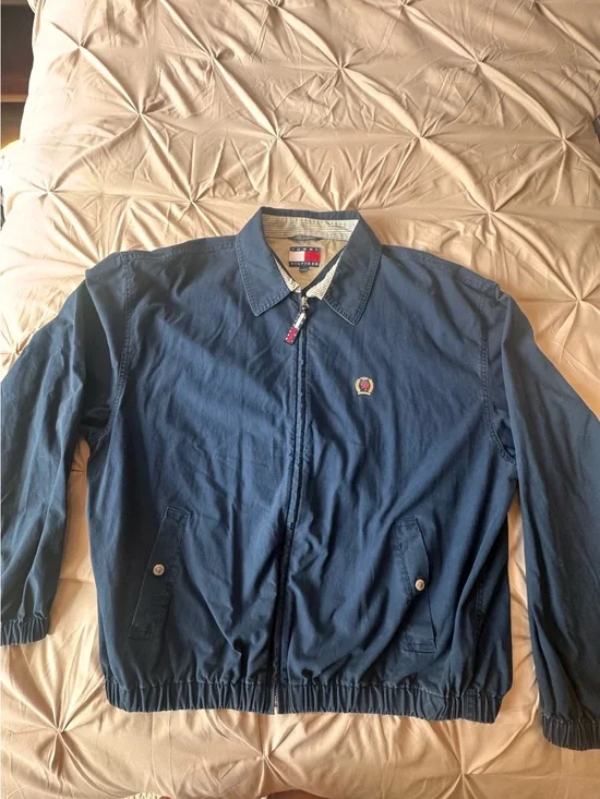 🔥 Vintage 90s Y2K Tommy Hilfiger Navy Lion Crest Zip Harrington Jacket Men’s XL